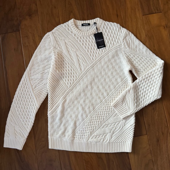 $179 NEW Murano Cable Knit Sweater Men Large Wool Blend Crew Neck Cream Sz M
